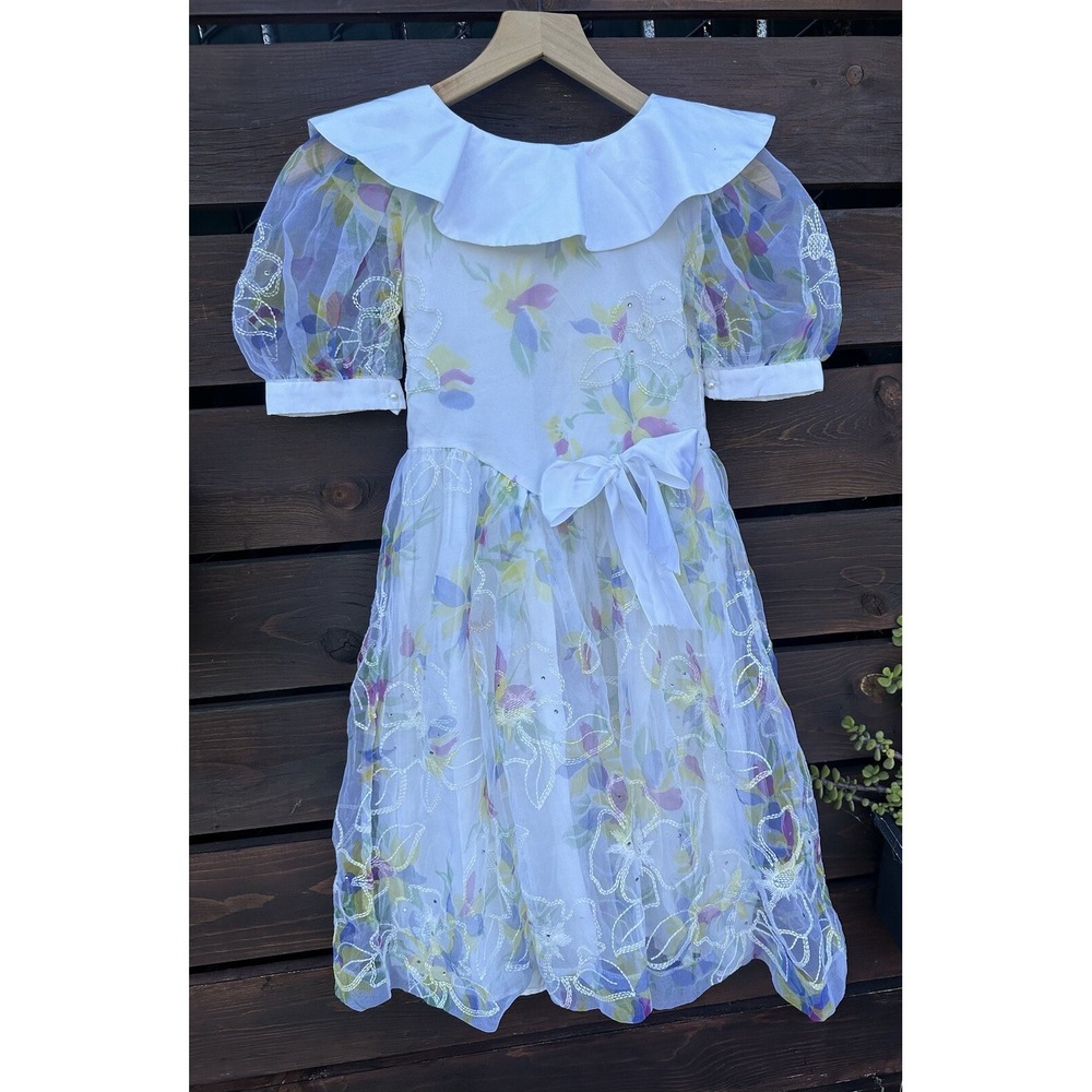 Vtg David Charles Floral Girls Dress‎ W/Rhinestones Size 9-10